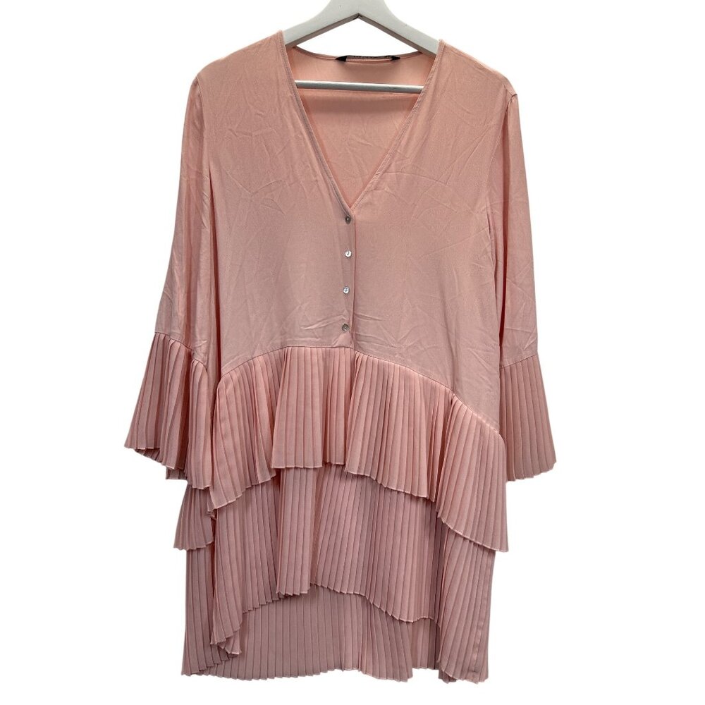 Zara Woman Dress Tunic‎ Medium Pink Pleated Tiered Layer Bell Sleeves